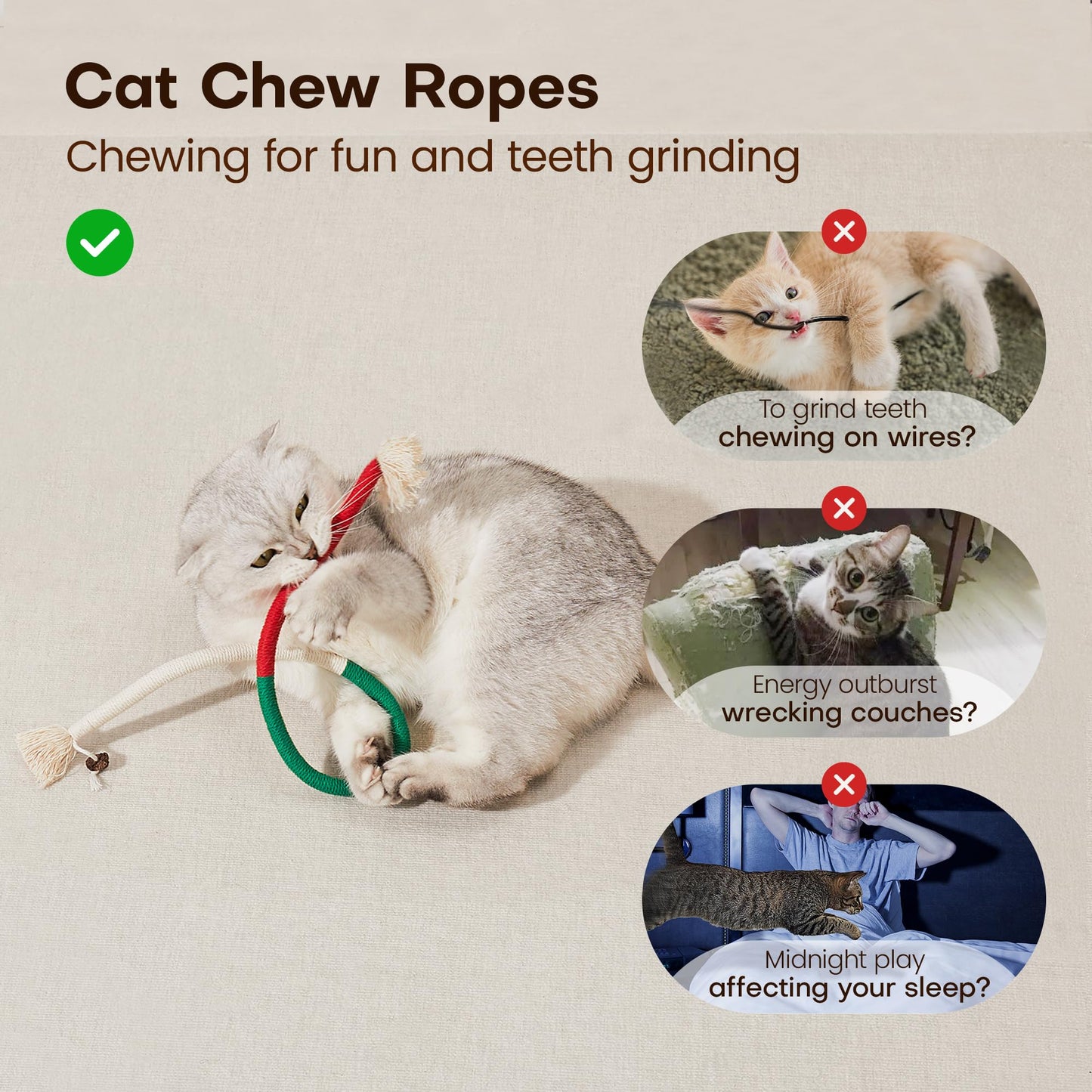Potaroma Cat Toys Chew Ropes 3Pcs with Refillable Natural Catnip
