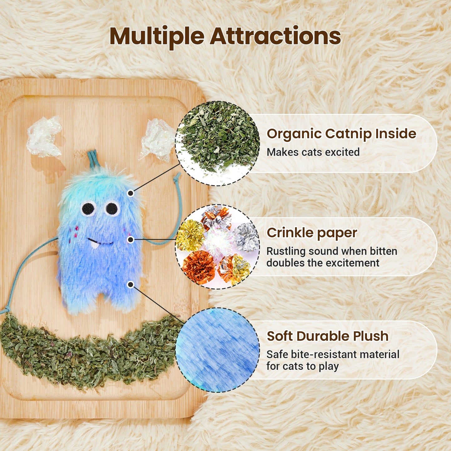 Potaroma Cat Toys 4 Pack Monster Design with Catnip Crinkle Sound, Soft and Durable