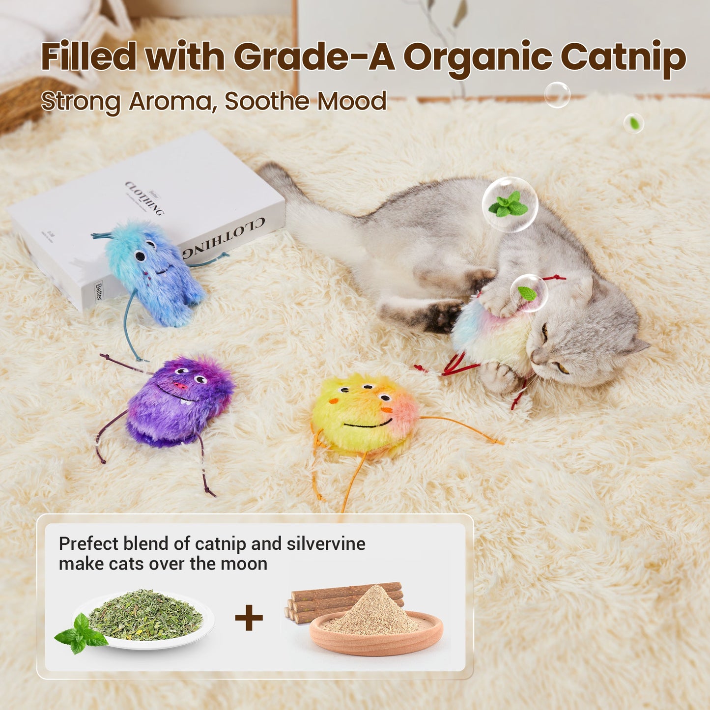 Potaroma Cat Toys 4 Pack Monster Design with Catnip Crinkle Sound, Soft and Durable