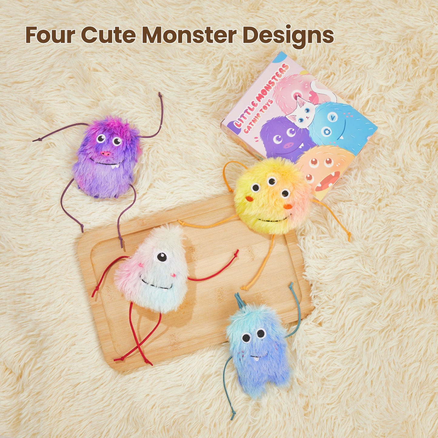Potaroma Cat Toys 4 Pack Monster Design with Catnip Crinkle Sound, Soft and Durable