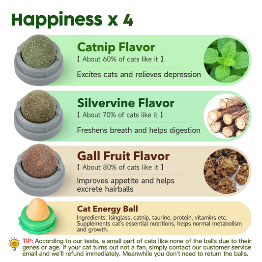 Potaroma 4 Pcs Catnip Ball Toys, 3 Silvervine Catnip Toys and 1 Cat Energy Ball for Lick, Edible Catmint Chew Toys, Kitten Teeth Cleaning Treat, More Concentrated Flavor for All Breeds