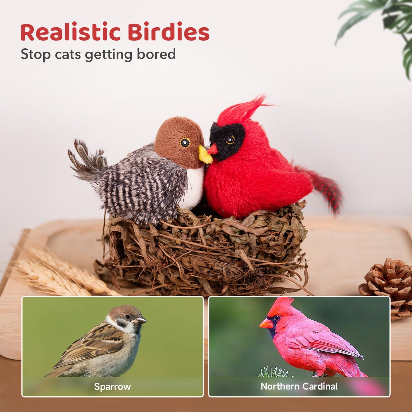Potaroma Cat Toys Chirping Birds 2 Pcs: Sparrow & Northern Cardinal